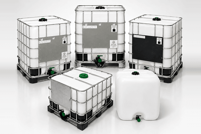 Collage of MPH United IBC products: 135, 275, and 330 gallon composite IBCs and a 275 gallon replacement bottle